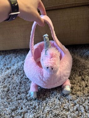 Plush Pink Unicorn Kids Basket with Silver Horn